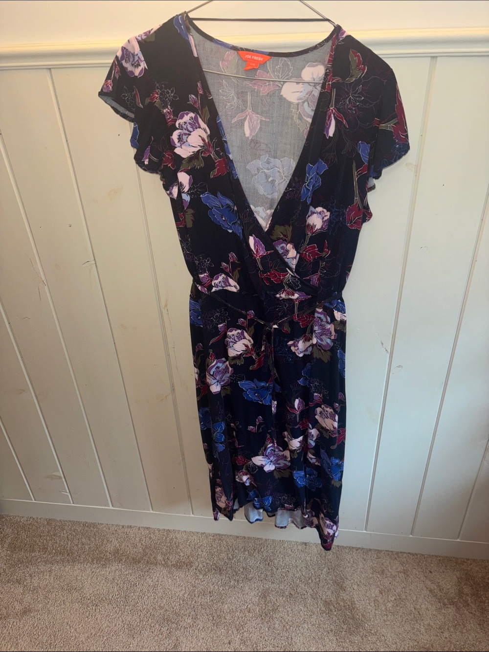 Joe Fresh Navy Floral Wrap Midi Dress with Purple & Blue Blooms